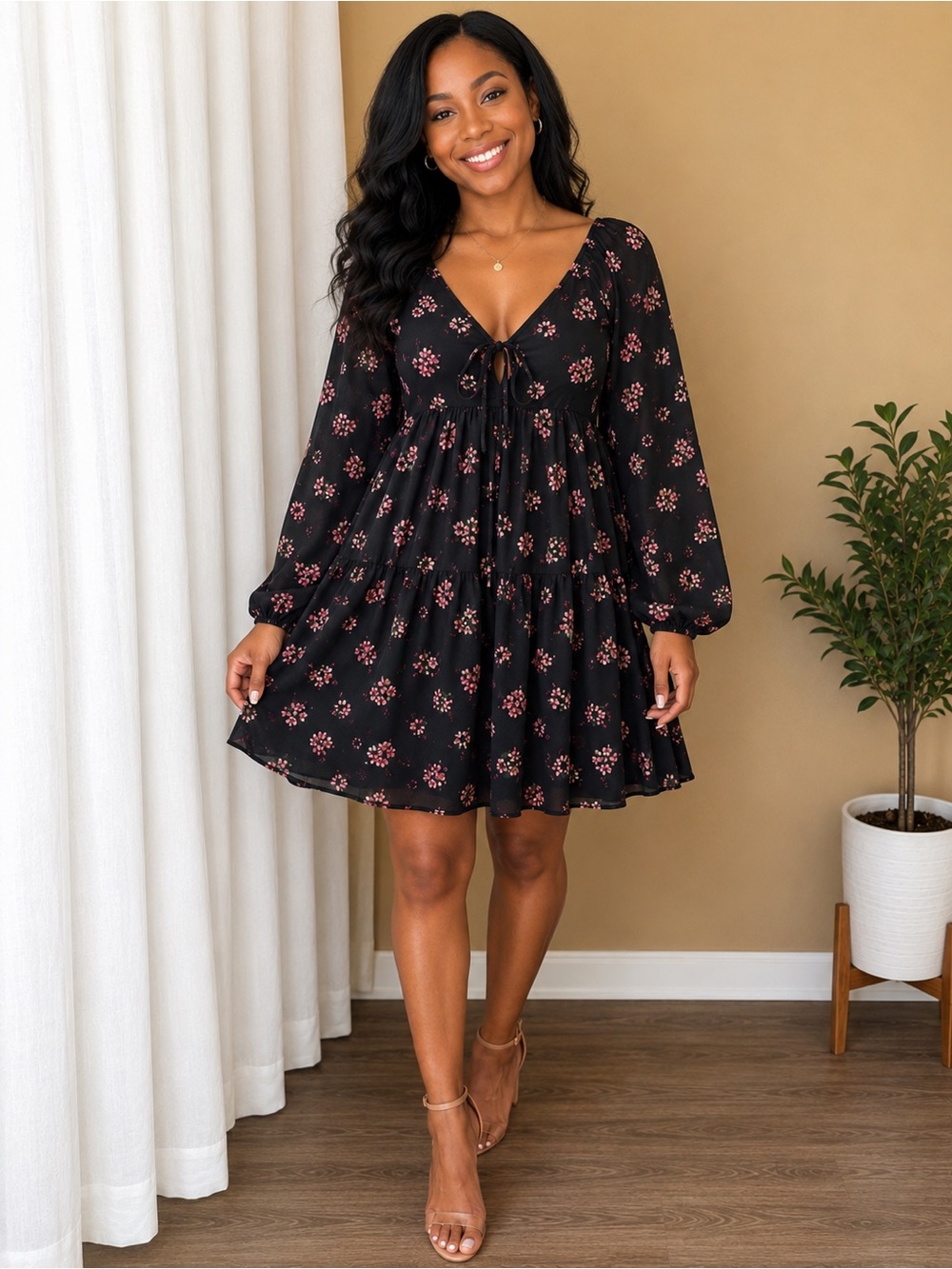 Women’s Black Floral Peasant Babydoll Dress with Pink Blossoms